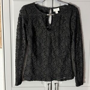 Bisou Bisou Y2K Keyhole Lace Semi Sheer Gold Tone Embellished LS Blouse, Black,S